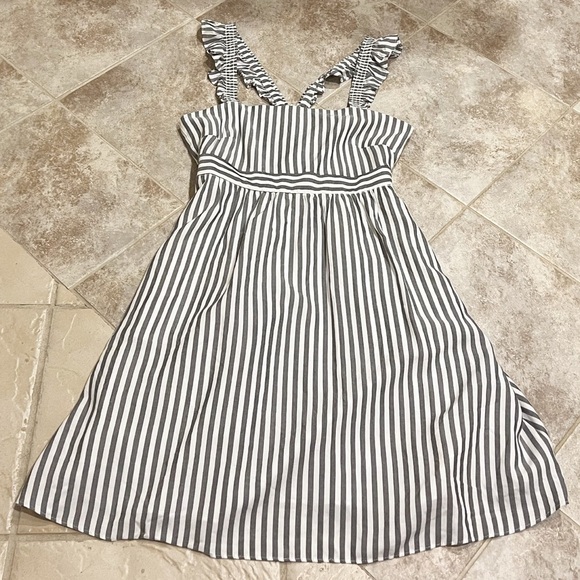 NWT Madewell Striped Ruffle Strap Empire Waist Mini Dress Gray White Size 0 - Picture 4 of 11